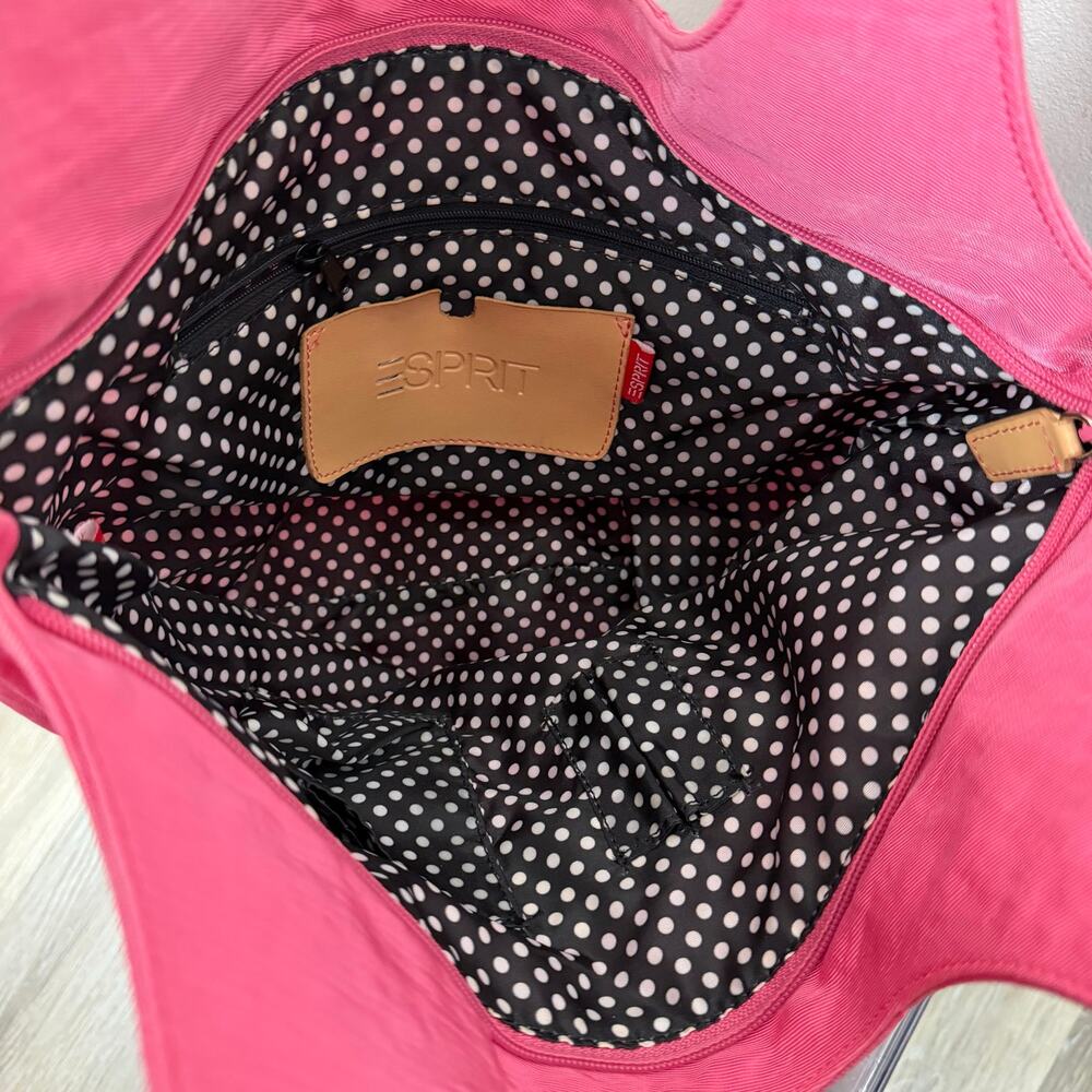 Esprit Pink Nylon Hobo Shoulder Bag Tan Straps Polka Dot Lining Y2K - Picture 13 of 16